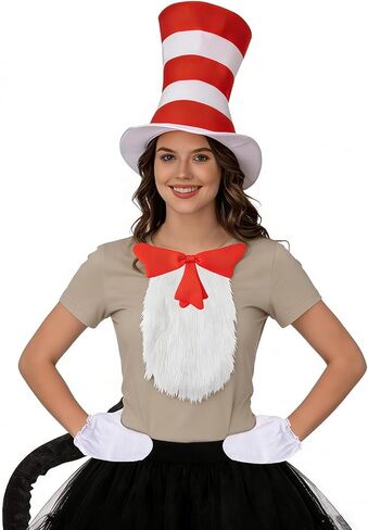 Cat Hat Costume for Adult Red White Striped Top Hat Furry Red Bow Tie White Gloves Cosplay Halloween Accessory Set in Kuwait