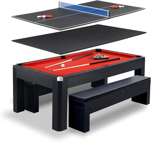 Hathaway Park Avenue 7 Ft Pool Table Combo Set with Benches and Complete Game Accessories - Billiard Table with Ping Pong and Dining Top - Engineered Wood Frame, Black Finish, Red Felt in Saudi Arabia