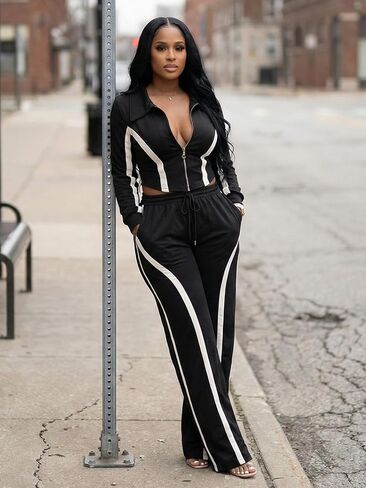Angsuttc Track Suits for Women Set Striped 2 Piece Outfits Long Sleeve Zip Up Jacket Wide Leg Pant Sets Streetwear in Saudi Arabia
