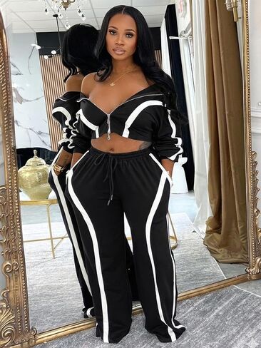 Angsuttc Track Suits for Women Set Striped 2 Piece Outfits Long Sleeve Zip Up Jacket Wide Leg Pant Sets Streetwear in Saudi Arabia