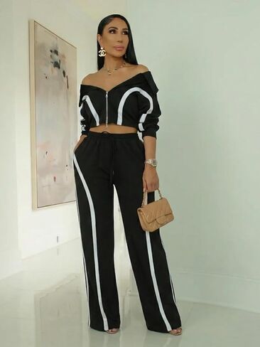 Angsuttc Track Suits for Women Set Striped 2 Piece Outfits Long Sleeve Zip Up Jacket Wide Leg Pant Sets Streetwear in Saudi Arabia