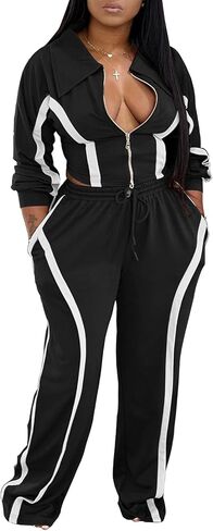 Angsuttc Track Suits for Women Set Striped 2 Piece Outfits Long Sleeve Zip Up Jacket Wide Leg Pant Sets Streetwear in Saudi Arabia