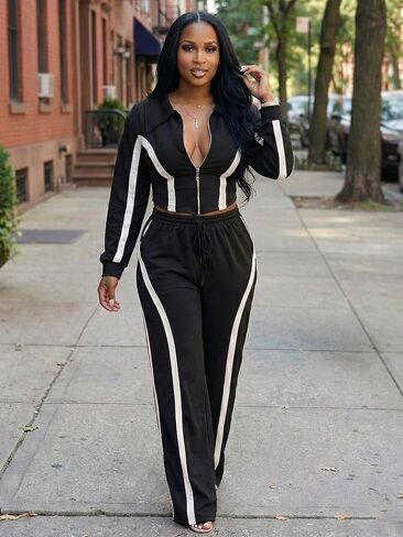 Angsuttc Track Suits for Women Set Striped 2 Piece Outfits Long Sleeve Zip Up Jacket Wide Leg Pant Sets Streetwear in Saudi Arabia