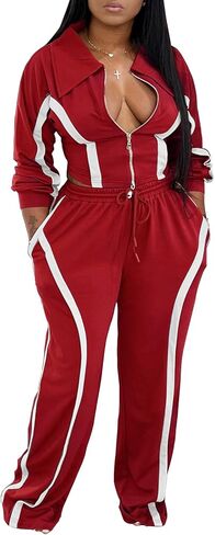 Angsuttc Track Suits for Women Set Striped 2 Piece Outfits Long Sleeve Zip Up Jacket Wide Leg Pant Sets Streetwear in Saudi Arabia