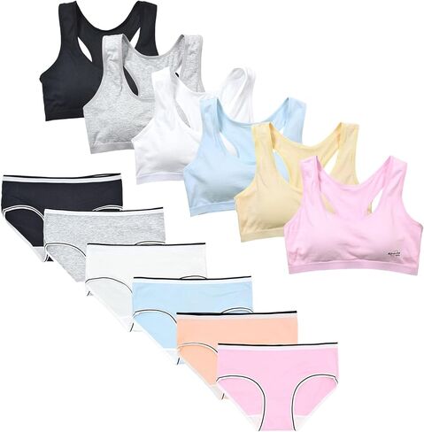 حمالات صدر رياضية للفتيات المراهقات، حمالات صدر للتدريب بظهر متسابق مع ملابس داخلية 6 مجموعات متعددة العبوات in Kuwait