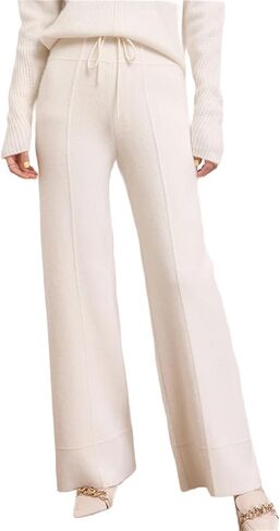 Women's Wool Pants Winter Solid Elastic Waist Straight Wide Leg Thick 100% Wool Knitted Trousers in Saudi Arabia