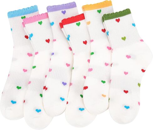 6 Pairs Women Ruffle Crew Socks Colorful Hearts Frilly Socks Cotton Ribbed Crew Sock in Saudi Arabia