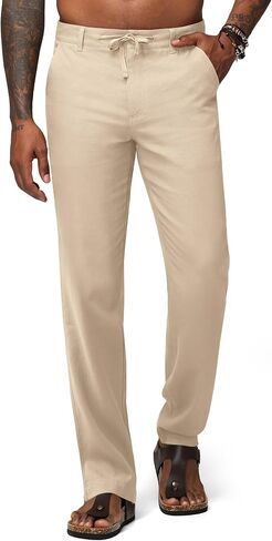 بنطلون كتان رجالي كاجوال من الكتان مع رباط وجيوب، بنطلون خفيف الوزن مستقيم الساق 30 بوصة 32 بوصة in Kuwait