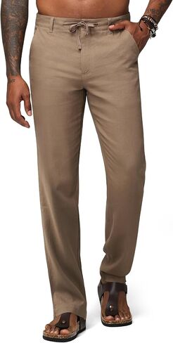Men's Linen Pants Casual Linen Dress Pants with Drawstring and Pockets, Lightweight Straight-Leg Trousers 30" 32" in Saudi Arabia