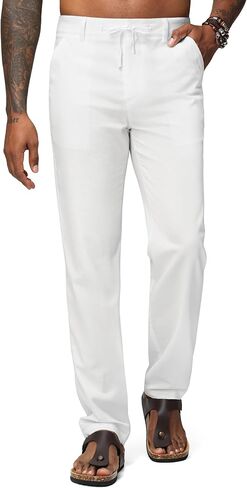 Men's Linen Pants Casual Linen Dress Pants with Drawstring and Pockets, Lightweight Straight-Leg Trousers 30" 32" in Saudi Arabia