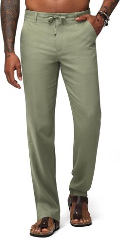 Men's Linen Pants Casual Linen Dress Pants with Drawstring and Pockets, Lightweight Straight-Leg Trousers 30" 32" in Saudi Arabia
