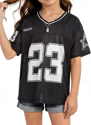 Girls Jersey Shirts Football Oversized V-Neck Mesh Short Sleeve Summer Tops Graphic Tees in Saudi Arabia