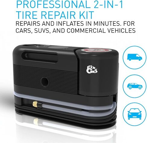طقم إصلاح الإطارات بمستشعر Fix&Go مع ضاغط هواء محمول 12 فولت - مانع تسرب الإطارات الآمن والصديق للبيئة TPMS - طقم إصلاح الإطارات المسطحة للسيارات وسيارات الدفع الرباعي والمركبات الكهربائية - هندسة سويسرية in Saudi Arabia