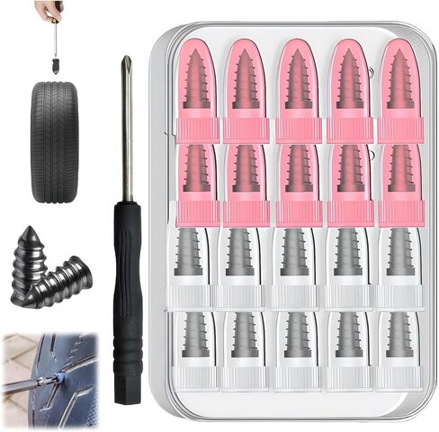 Self-Service Tire Repair Plug Kit, 20-Piece with 2 Sizes (0.47'' × 0.21''& 0.59" x 0.27") and Screwdriver – Quick Insertion Rubber Nails for Car, Motorcycle, Truck in Saudi Arabia
