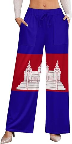 Fattyeery Women's Comfy Lounge Pants Cambodia Flag Print Drawstring Jogger Wide Leg Athletic Pant with Pockets in Kuwait