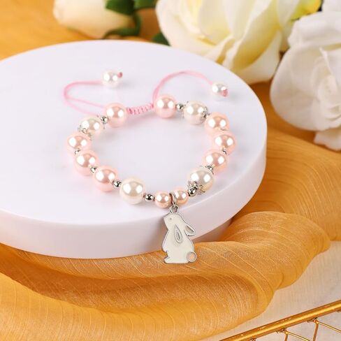 Easter Bracelet, Adjustable Rabbit Beaded Bracelet for Girls Cute Easter Bunny Jewelry Rabbit Bead Bracelets Easter Basket Stuffers Gifts for Women, Teens in Saudi Arabia