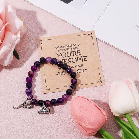 Cheer Bracelet, Purple Agate Smooth Cheerleading Beaded Bracelet Charming Mysterious Cheerleader Gifts with Encouragement Card Cheer Stuff with Cheerleader Pendant for Cheering Squad in Saudi Arabia