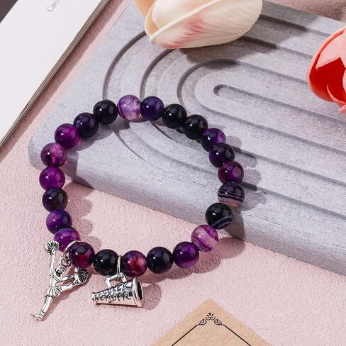 Cheer Bracelet, Purple Agate Smooth Cheerleading Beaded Bracelet Charming Mysterious Cheerleader Gifts with Encouragement Card Cheer Stuff with Cheerleader Pendant for Cheering Squad in Saudi Arabia