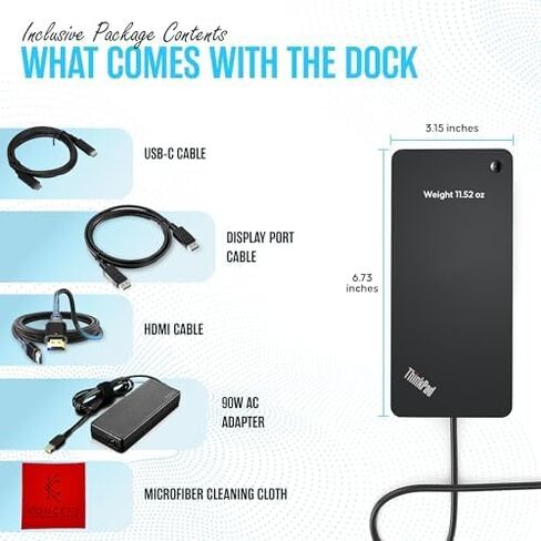 Koncept Lenovo 40AY0090US Docking Station Bundle - 1 Year Warranty - Lenovo Docking Station with 90W AC Adapter, HDMI Cable, DisplayPort Cable, USB-C Cable & Microfiber Cleaning Cloth in Kuwait