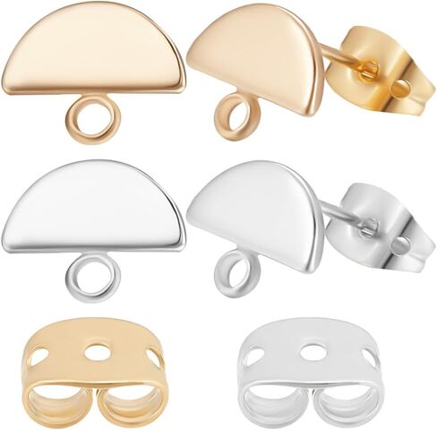 Beebeecraft 1 Box 20Pcs 18K Gold Plated Earring Findings Semicircle Stud Posts with Loop and 20Pcs Earring Backs for DIY Earring Making in Saudi Arabia