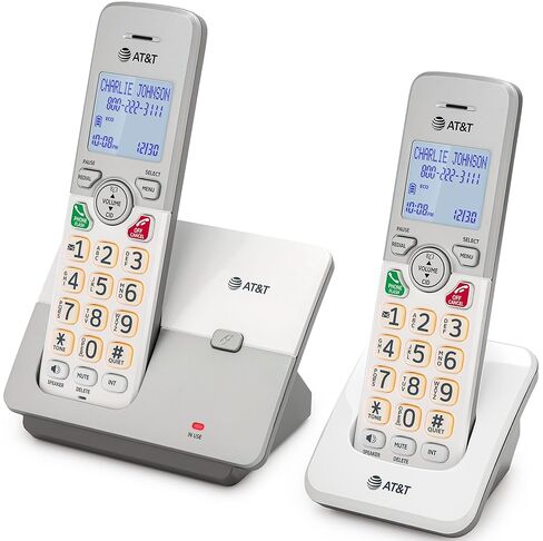 AT&T 2-Handset DECT 6.0 هاتف منزلي لاسلكي مع شاشة LCD وجهاز الرد على المكالمات. لوحة مفاتيح مضاءة، معرف المتصل/انتظار المكالمات، مكبر صوت مقلد مزدوج الاتجاه، وضع صديق للبيئة وهادئ، اتصال داخلي: EL1121-2 in Kuwait
