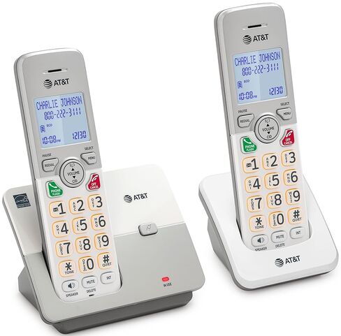 AT&T 2-Handset DECT 6.0 هاتف منزلي لاسلكي مع شاشة LCD وجهاز الرد على المكالمات. لوحة مفاتيح مضاءة، معرف المتصل/انتظار المكالمات، مكبر صوت مقلد مزدوج الاتجاه، وضع صديق للبيئة وهادئ، اتصال داخلي: EL1121-2 in Kuwait
