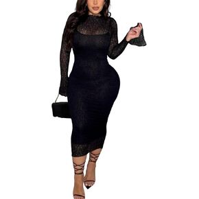 Women 2 Piece Lace Dress Set Sexy Bodycon Long Sleeve Elegant See Through Cocktail Wedding Guest Dresses in Saudi Arabia
