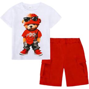 طقم تي شيرت صيفي مكون من قطعتين للأولاد بأكمام قصيرة ورسوم جرافيك وشورت كارجو للأطفال الصغار إلى الأطفال الكبار مقاس 5-10 in Kuwait