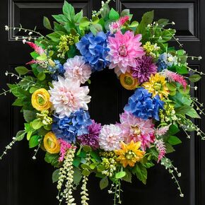 Spring and Summer Wreaths for Front Door 24 Inch Summer Wreath with Vibrant Dahlia, Gerbera Daisy & Primula Floral Arrangement - All Seasons Summer & Spring Door Wreath for Outside Decor in Saudi Arabia