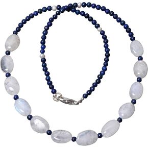 Natural Moonstone, Lapis Lazuli & Pearl Beaded Necklace, 925 Sterling Silver Clasp, Handmade Gemstone Jewelry for Women, Elegant Healing Crystal Necklace Gift in Saudi Arabia