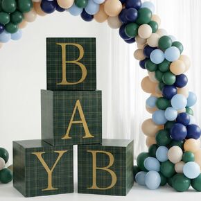 Vicenpal Blue Green Tartan Plaid Baby Shower Boxes with Letters for Baby Shower Decorations Bear Themed Gender Reveal Decoration Photo Prop & Forest Animal Nursery Decor Set of 4 Birthday Party Favors in Kuwait