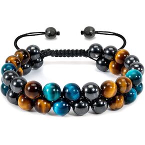 WFJ Triple Protection Bracelet Mens Stone Bead Bracelet - Adjustable Blue and Yellow Tiger Eye 8MM Bracelet… in Saudi Arabia