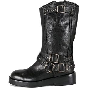 Agodor Women's Mid Calf Boots Chunky Low Heel Riding Buckle Boot for Women Squared Toe Motorcycle Boots Slip On Riding Biker Booties in Kuwait