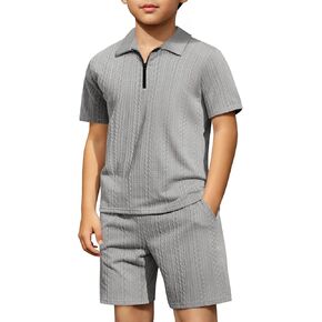 Haloumoning Boys 2 Piece Summer Outfits Kids Quarter Zip Polo Shirt and Shorts Set Athletic Tracksuit 5-14 Years in Kuwait