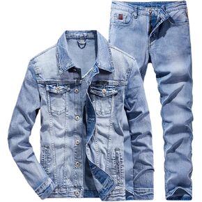 Generic Fashion Slim Solid Color Couple Jeans Set Simple Spring Autumn Light Blue Denim Jacket + Jeans 2 Piece Set in Saudi Arabia