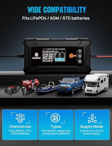 شاحن بطارية DC House 12V 5A، Smart LiFePO4 وحافظة بطارية حمض الرصاص، شاحن قليل ومزيل الكبريت للسيارة والدراجات النارية وبطاريات السيارات in Saudi Arabia