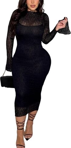 Women 2 Piece Lace Dress Set Sexy Bodycon Long Sleeve Elegant See Through Cocktail Wedding Guest Dresses in Saudi Arabia