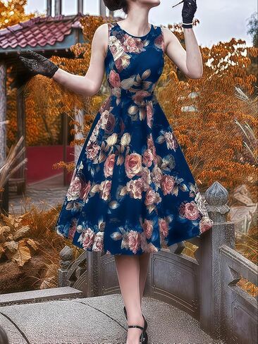 Women Vintage Print Sleeveless Swing Dress Retro Flared Skirt Round Neck Bold Floral Pattern Elegant Tea Party in Saudi Arabia