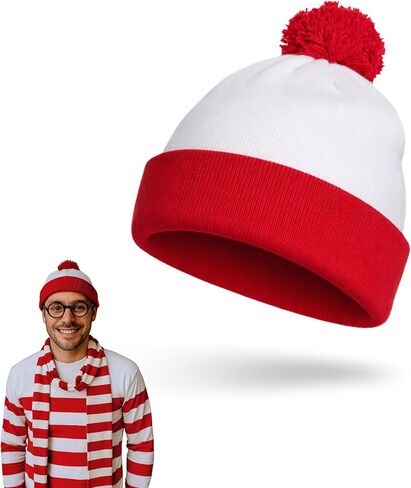 Wheres Waldo Hat, Fun & Trendy Wheres Waldo Costume Beanie with Pom, Red and White Hat Costume Wear for Christmas & Halloween, Free Size Novelty Red and White Beanie Adult for Men & Women Party Events in Saudi Arabia