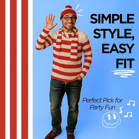 Wheres Waldo Hat, Fun & Trendy Wheres Waldo Costume Beanie with Pom, Red and White Hat Costume Wear for Christmas & Halloween, Free Size Novelty Red and White Beanie Adult for Men & Women Party Events in Saudi Arabia