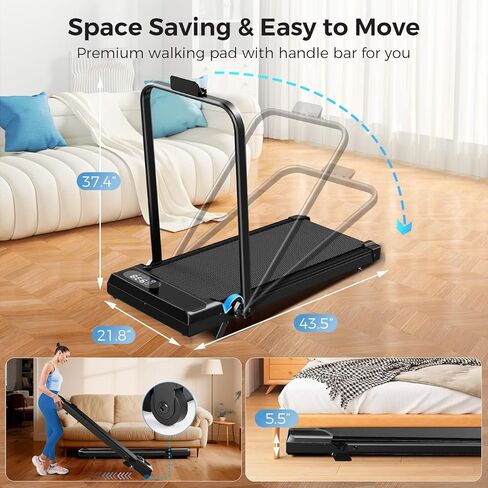 Walking Pad with Handle Bar, 2.5HP Walking Pad Treadmill, 3 in 1 Portable Under Desk Treadmills for Home Small Space, Foldable Folding Home Treadmill with Remote Control, 320LBS Capacity in Kuwait