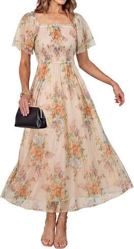 Simplee فساتين ماكسي نسائية منقوشة بالزهور 2026 ربيعية برقبة مربعة شبكية وأكمام قصيرة Smocked Boho Flowy فستان ضيوف الزفاف in Kuwait