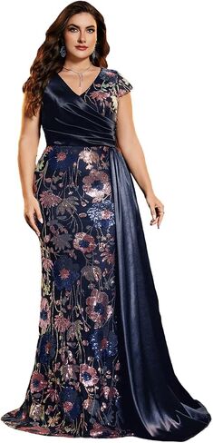 فستان زفاف للضيوف بمقاس كبير للنساء، فستان حورية البحر مزين بالترتر والساتان، ورقبة على شكل حرف V وأكمام قصيرة in Kuwait