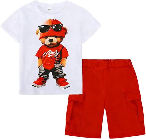 طقم تي شيرت صيفي مكون من قطعتين للأولاد بأكمام قصيرة ورسوم جرافيك وشورت كارجو للأطفال الصغار إلى الأطفال الكبار مقاس 5-10 in Kuwait