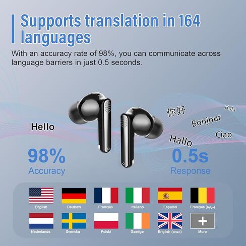 سماعات أذن للترجمة بتقنية Ai في الوقت الفعلي مع مكالمات الصوت والفيديو، سماعات أذن مترجم 3 في 1 بلوتوث 5.3 مع 6 أوضاع للترجمة/164 لغة/لا يلزم الاشتراك، مترجم سماعات الرأس لمدة 48 ساعة in Kuwait