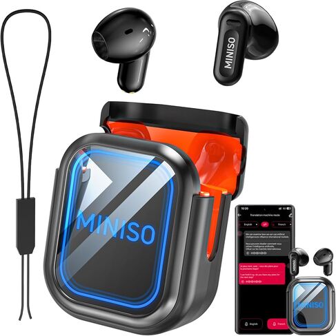 سماعات أذن MINISO MS109 AI لمترجم اللغة، سماعات أذن للمترجم في الوقت الحقيقي تدعم 150 لغة ولهجات، سماعات بلوتوث للترجمة مع مرآة، مناسبة لنظام Android وiOS، أسود in Saudi Arabia