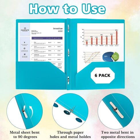 Plastic Folders with Pockets and Prongs - 6pcs Plastic Pocket Folders with Brads,Colored Vinyl Poly 3 Prong 2 Pocket Sturdy File Folders for Documents Homework Paper,Back to School Supplies in Saudi Arabia