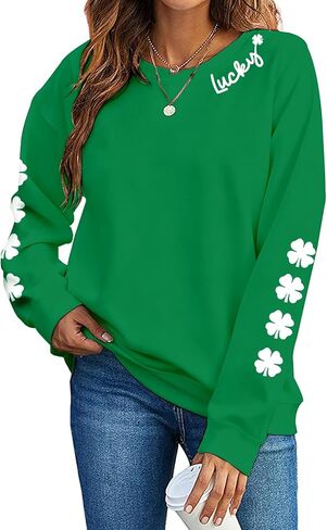 St Patricks Day Sweatshirt Women Lucky Shamrock Long Sleeve Shirt Irish Green Graphic Pullover Top in Saudi Arabia