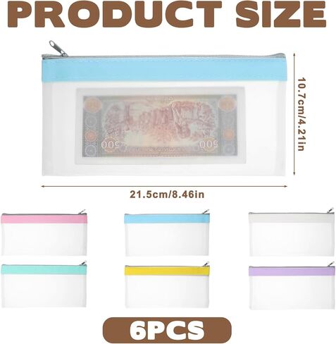Thinp 6 Pieces Clear Money Bags with Zipper, 8.5 x 4 Inch Money Envelopes for Cash Clear Cash Envelopes Bank Deposit Bags Multi-Purpose Money-Pouch for Check Wallet Receipt Organizer in Saudi Arabia