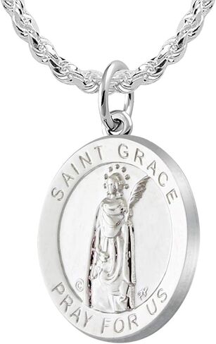 US Jewels Ladies 925 Sterling Silver 18.5mm Saint Grace Medal Pendant Necklace, 18in to 24in in Saudi Arabia
